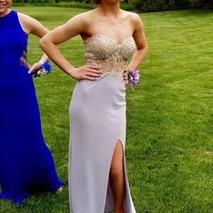 Lilac strapless La Femme prom dress